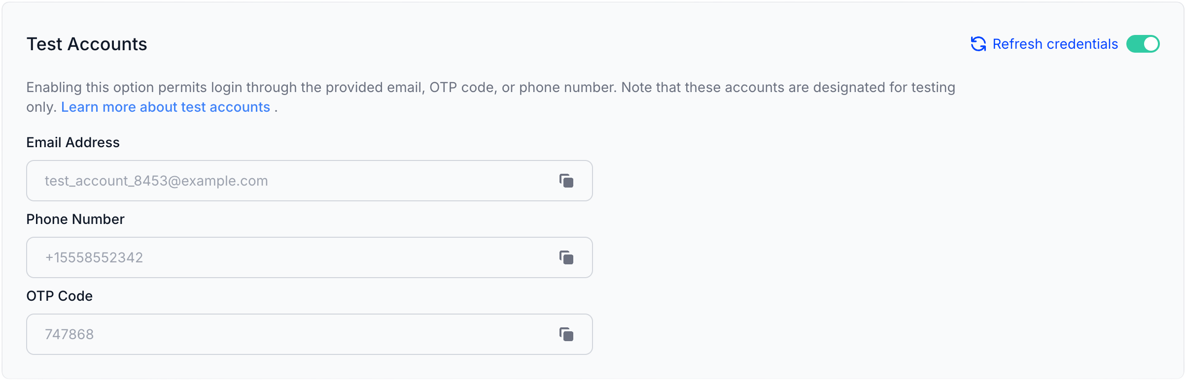 Test Accounts Settings